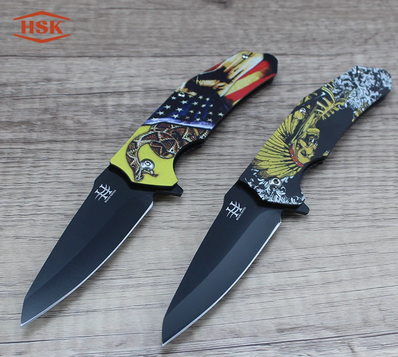 Cuchillo plegable t&aacute;ctico con dise&ntilde;o de calavera india TPK18, hoja de acero inoxidable recubierta de