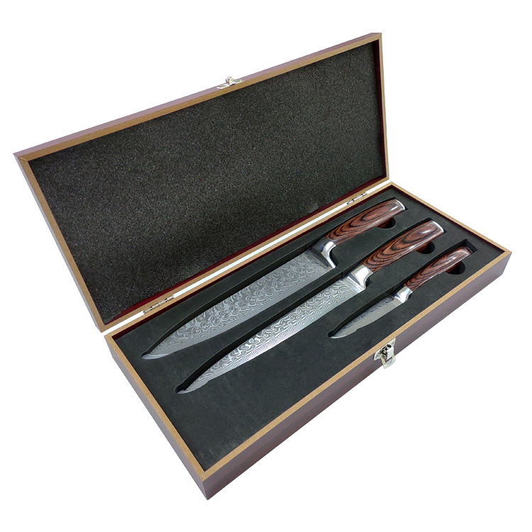 Three-piece Damascus steel knife set in a high-end and exquisite gift wooden box.